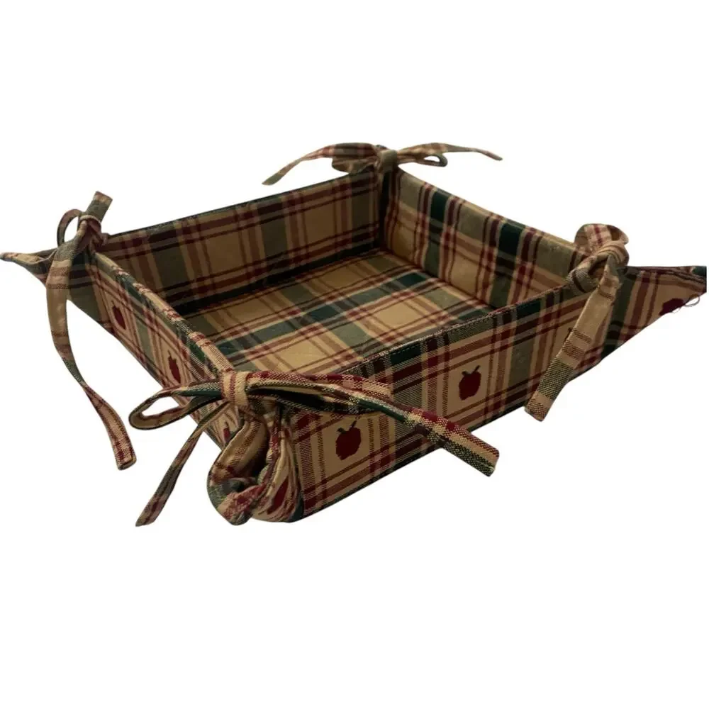 Farmhouse Country Fabric Cloth Bread/Fruit Basket Side Ties Square Plaid Apples